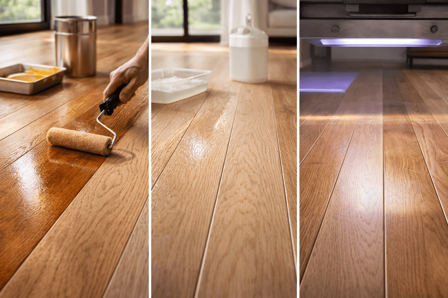Hardwood floor finishing process showing oil-based polyurethane application with roller, water-based finish with T-bar applicator, and UV-cured factory coating under curing light.