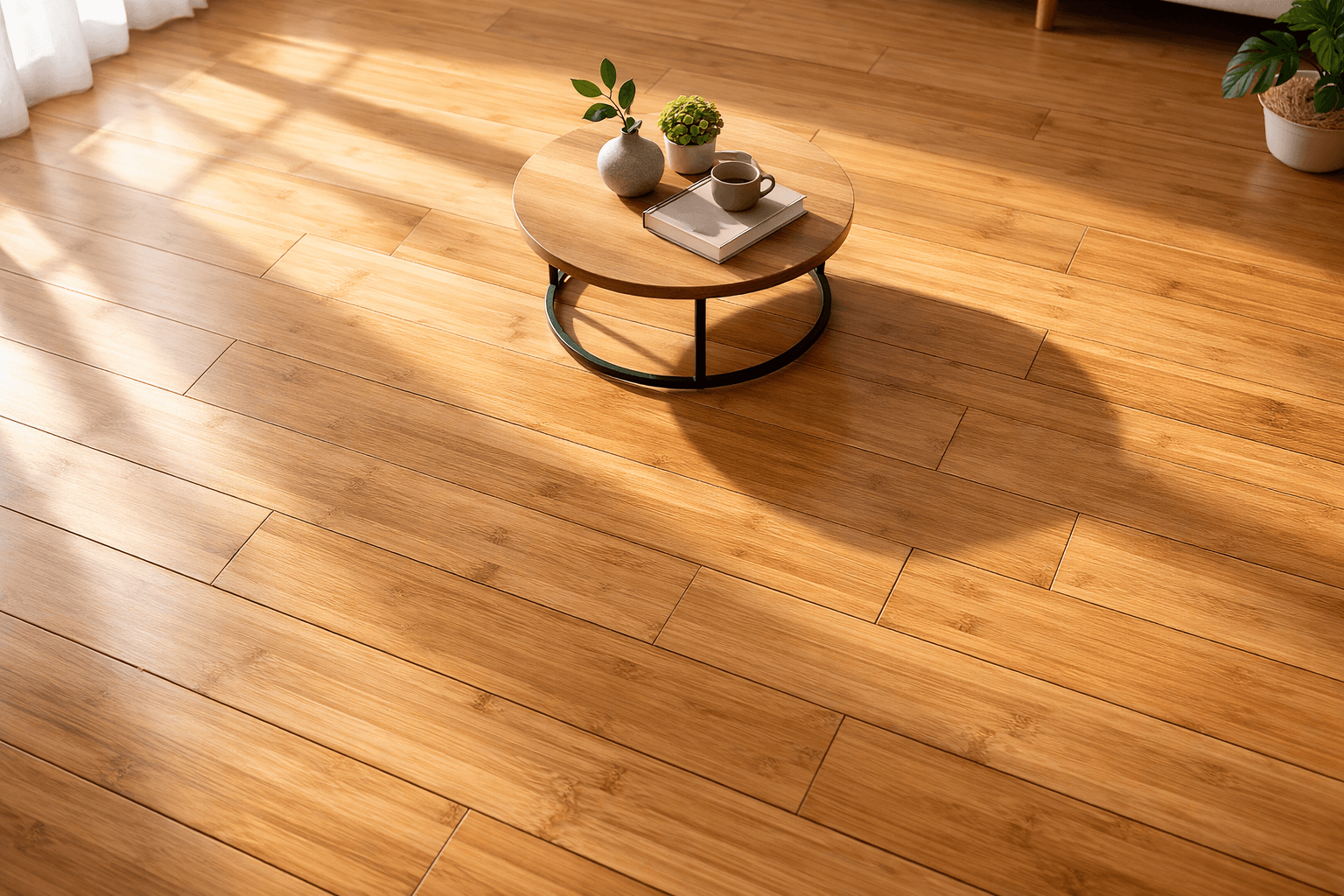 Wide-angle view of warm honey-tone bamboo flooring with horizontal plank layout, enhanced by natural daylight and soft shadows to emphasize surface texture.