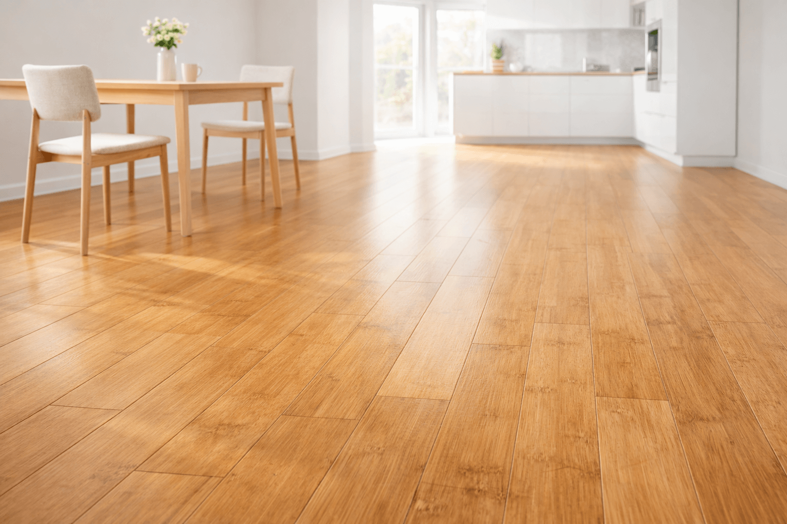 Natural bamboo hardwood flooring with smooth satin finish in a bright minimalist kitchen setting, highlighting horizontal plank layout and subtle organic grain.