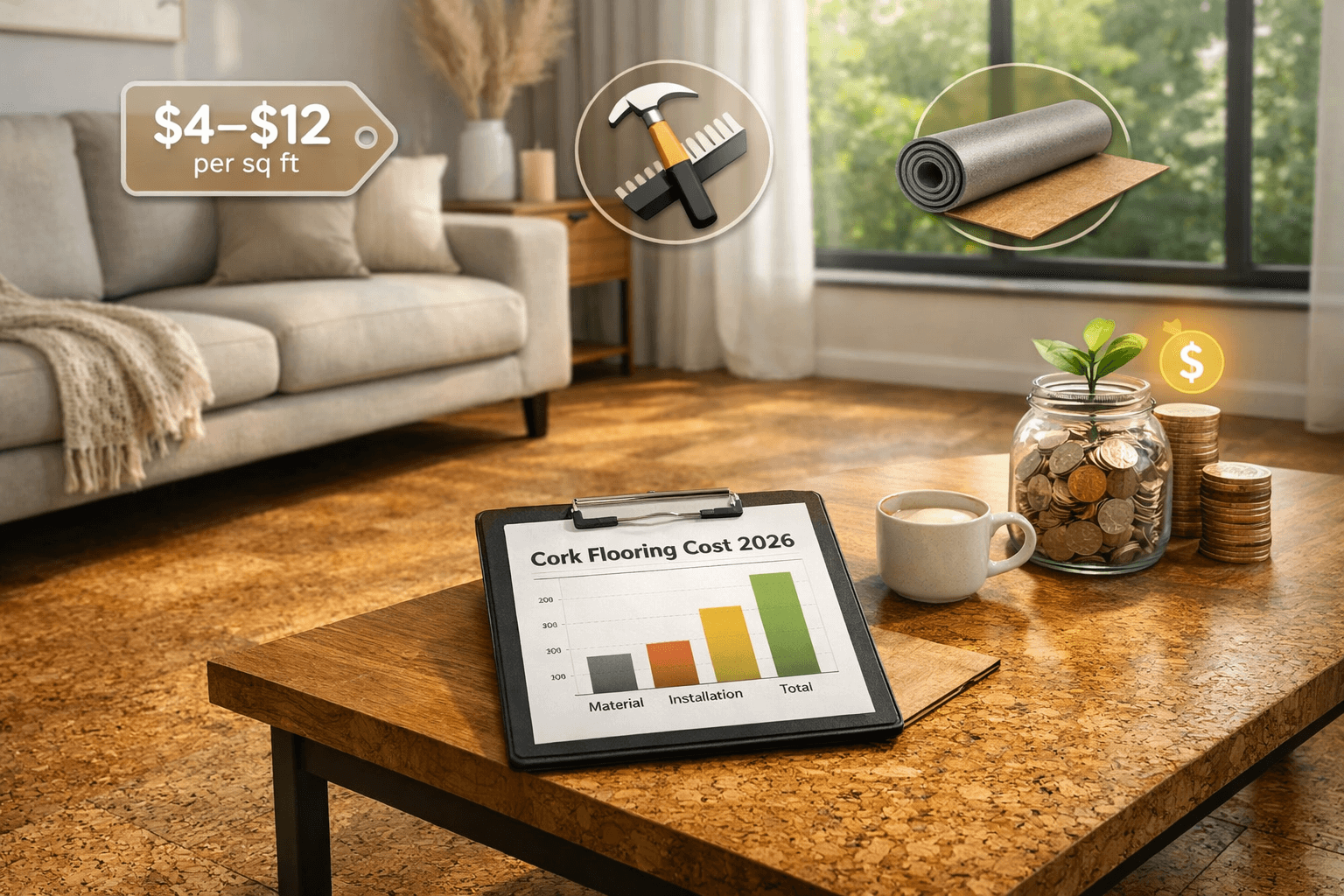 Cork flooring installation cost per square foot with material and installation price comparison chart