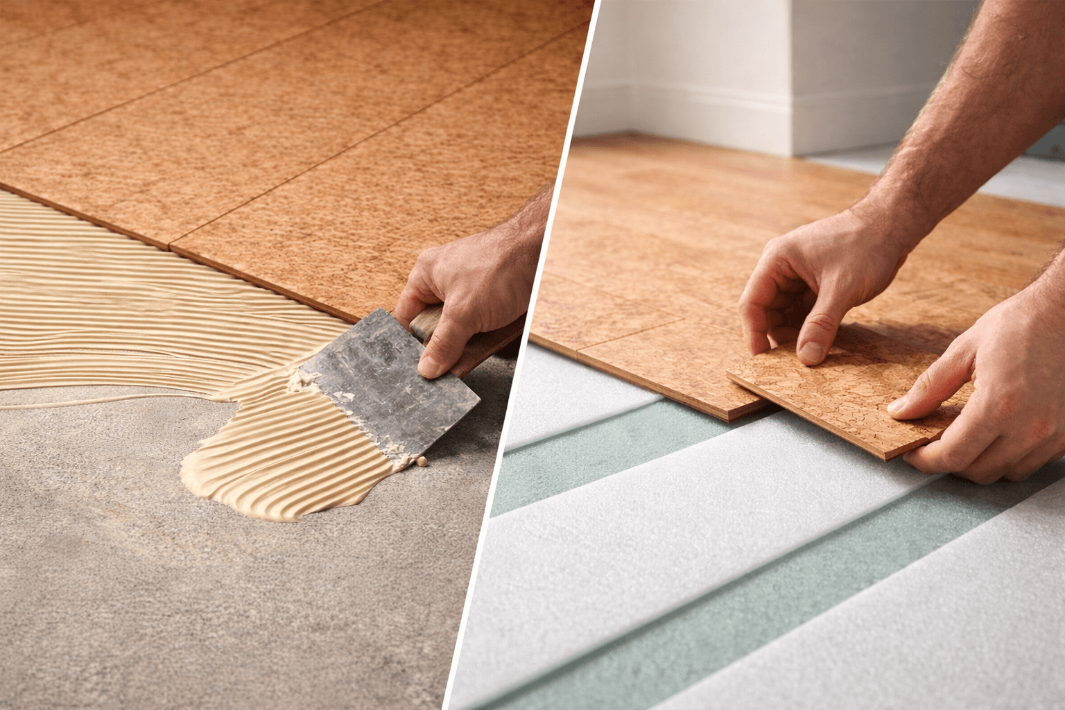 Glue-down vs floating cork flooring installation comparison showing adhesive trowel method and click-lock planks over underlayment