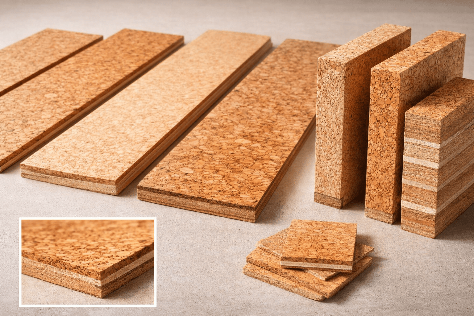 Different cork flooring grades and thickness options displayed with cross-section layers and density comparison