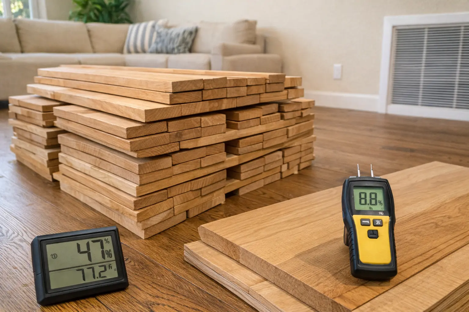 Hardwood flooring acclimation process in living room with cross-stacked wood planks, moisture meter testing boards, and digital hygrometer showing indoor humidity levels.