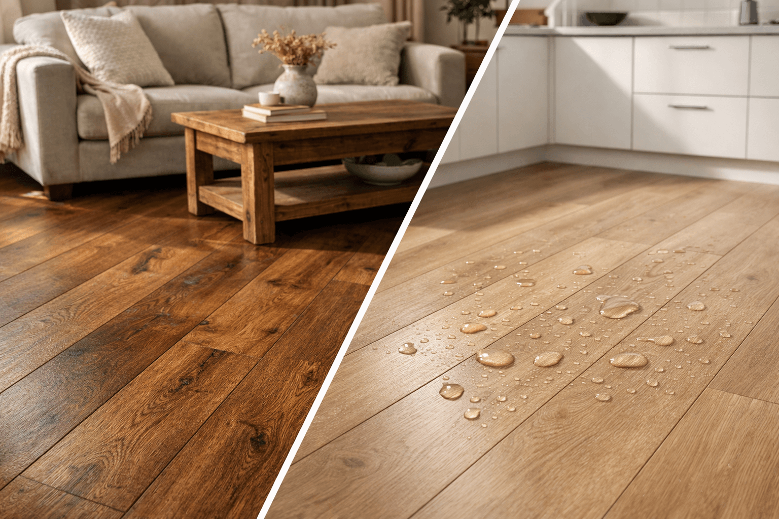 Luxury vinyl plank vs engineered hardwood flooring comparison with diagonal split showing water-resistant LVP in kitchen and natural wood grain engineered hardwood in living room.