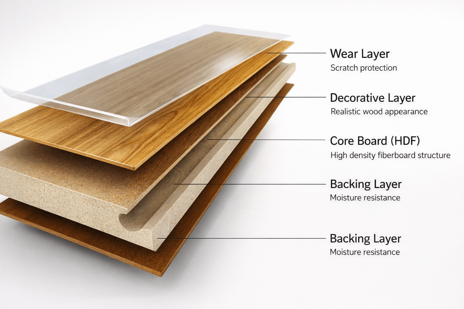 Exploded diagram showing laminate flooring layers including wear layer, decorative layer, high density fiberboard core board, and backing layer.