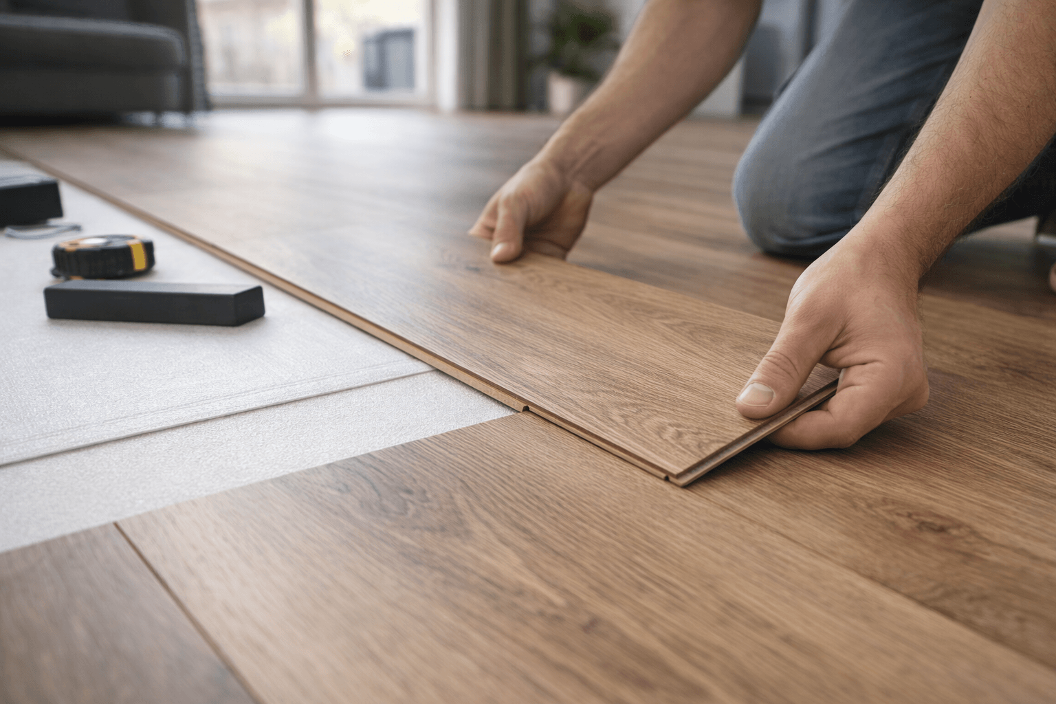 Person installing laminate flooring planks using a click-lock system over underlayment during laminate floor installation in a home renovation project.